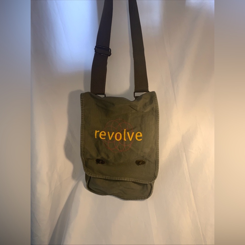 REVOLVE Purse Olive Green Canvas Crossbody Messenger Bag Cotton Yellow Logo